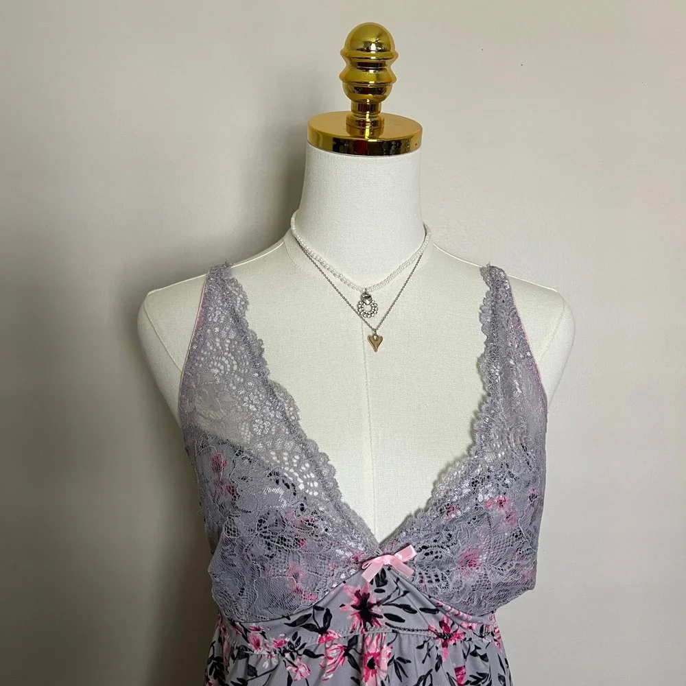 Marilyn Monroe Floral Lace Chemise Nightgown Grey Pink XL MM1598 - Picture 2 of 7
